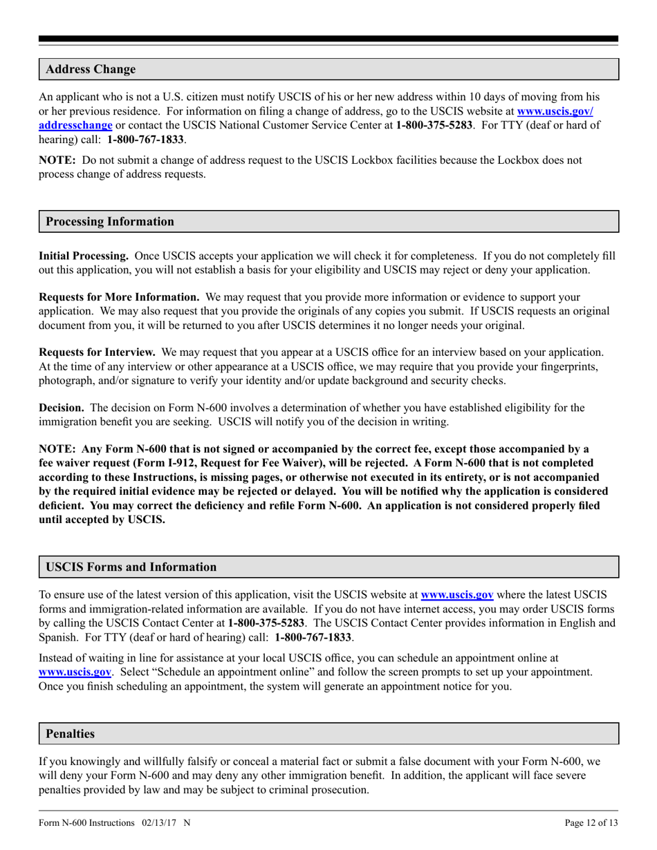 Download Instructions for USCIS Form N-600 Application for Certificate ...