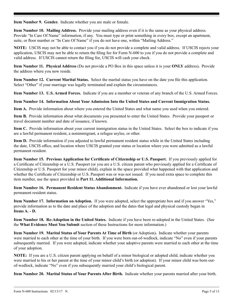 Instructions for USCIS Form N-600 Application for Certificate of Citizenship, Page 5
