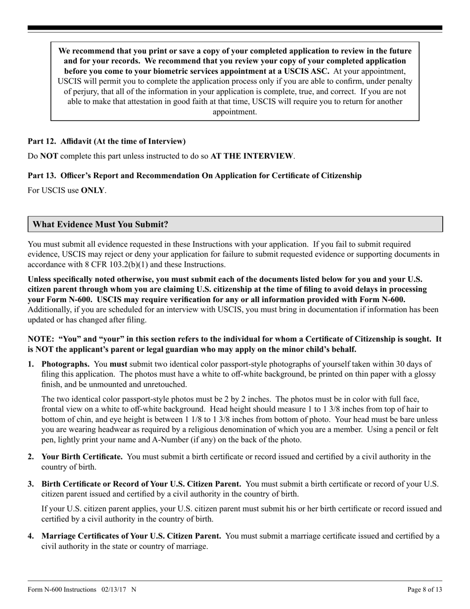 Download Instructions For Uscis Form N 600 Application For Certificate Of Citizenship Pdf 0409