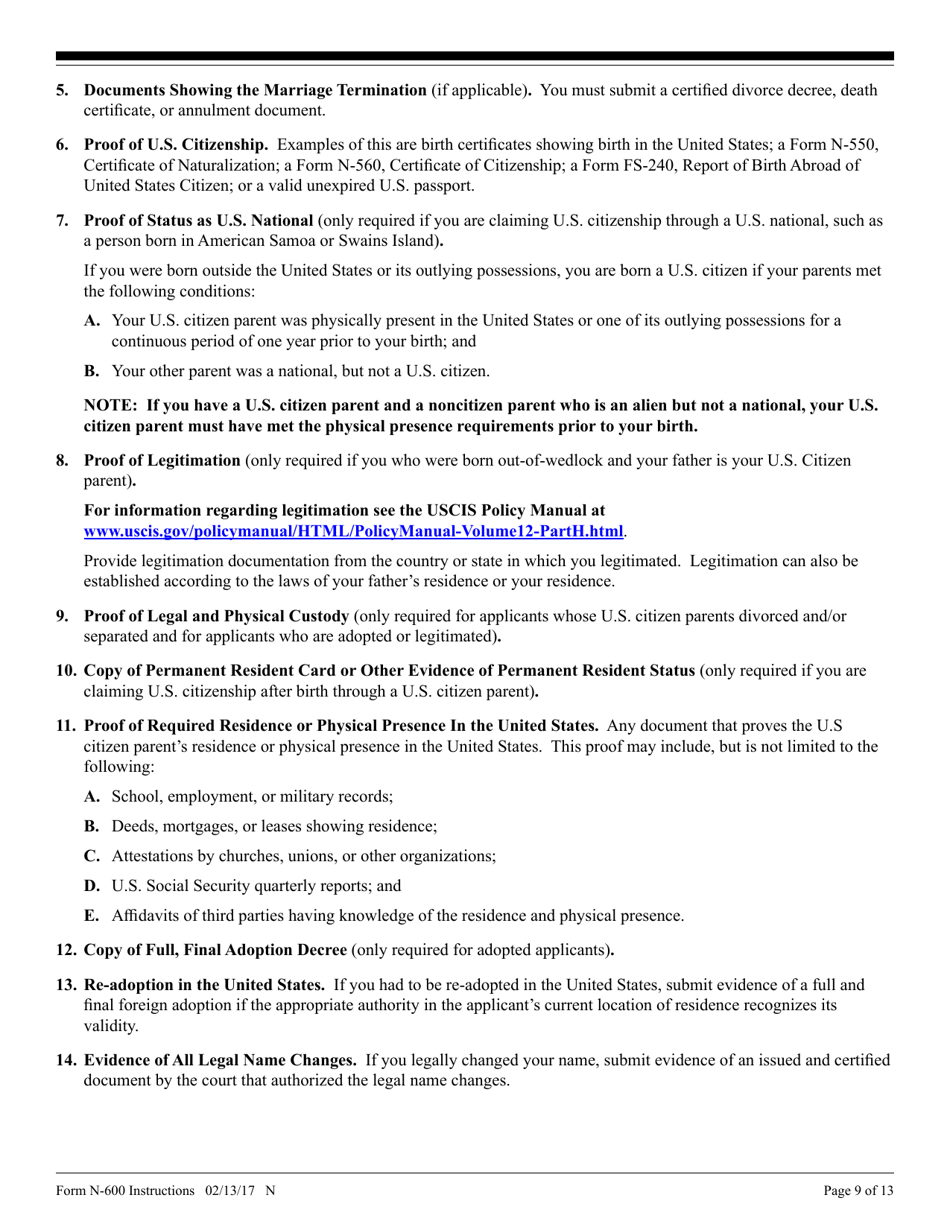 Instructions for USCIS Form N-600 Application for Certificate of Citizenship, Page 9