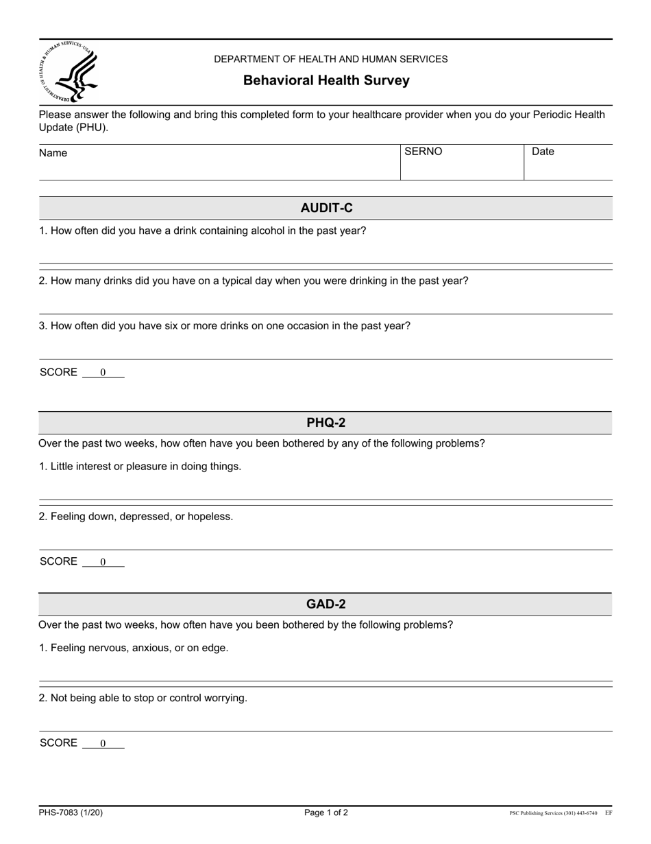 Form PHS-7083 Behavioral Health Survey, Page 1