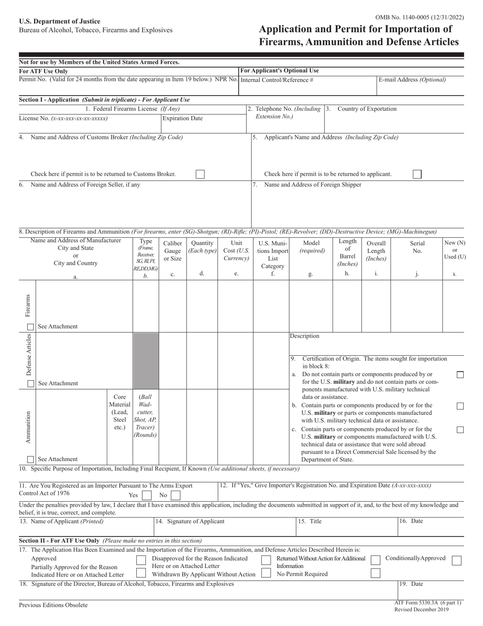 ATF Form 6 (5330.3A) Part 1 Application and Permit for Importation of Firearms, Ammunition and Defense Articles, Page 1