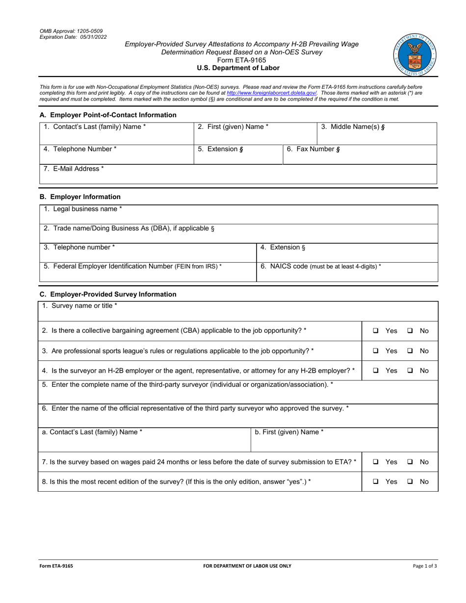 Form ETA-9165 Employer-Provided Survey Attestations to Accompany H-2b Prevailing Wage Determination Request Based on a Non-oes Survey, Page 1