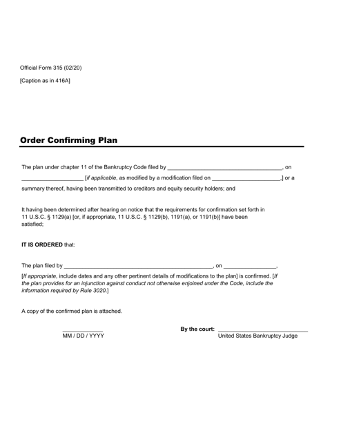 Official Form 315 Order Confirming Plan