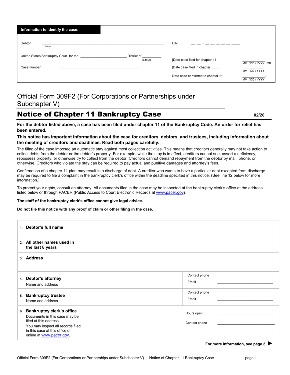 Official Form 309F2 Notice of Chapter 11 Bankruptcy Case, Page 1