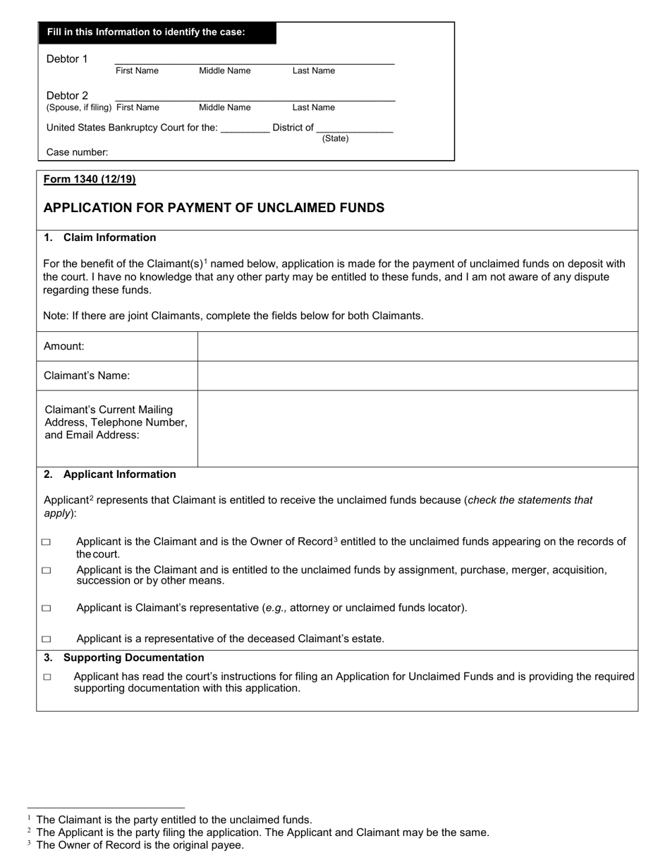 Form B1340 Application for Payment of Unclaimed Funds, Page 1