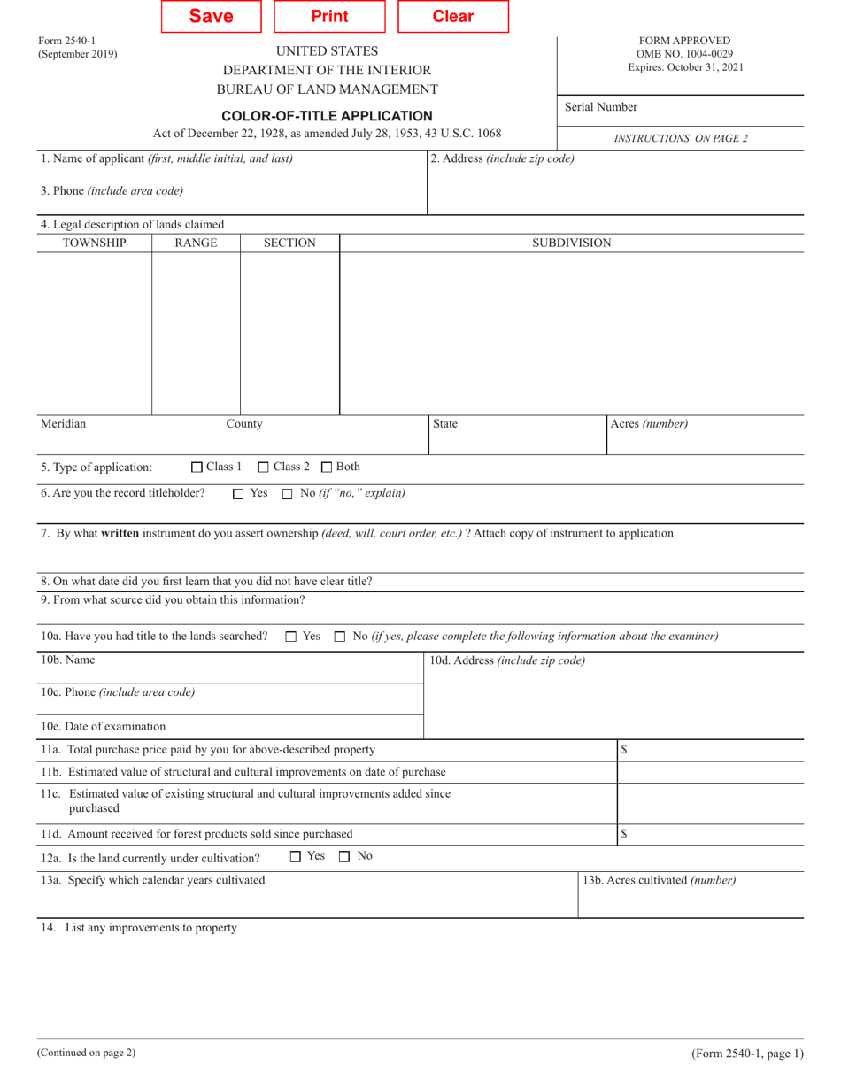 BLM Form 2540-1 Color-Of-Title Application, Page 1