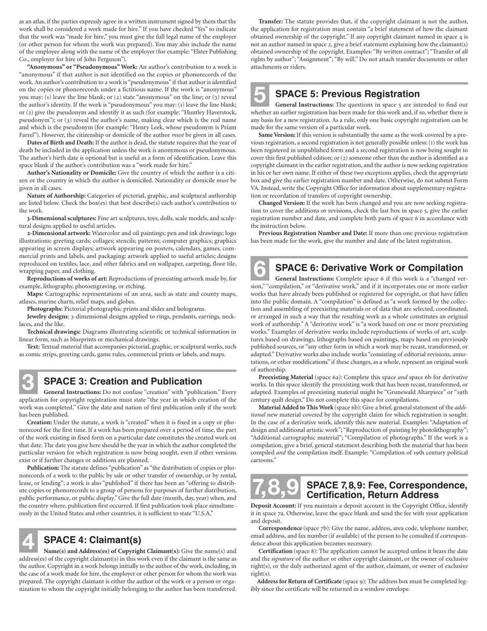 Form VA Basic Registration for a Work of the Visual Arts, Page 2