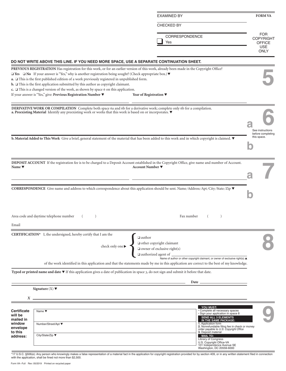 Form VA Basic Registration for a Work of the Visual Arts, Page 4