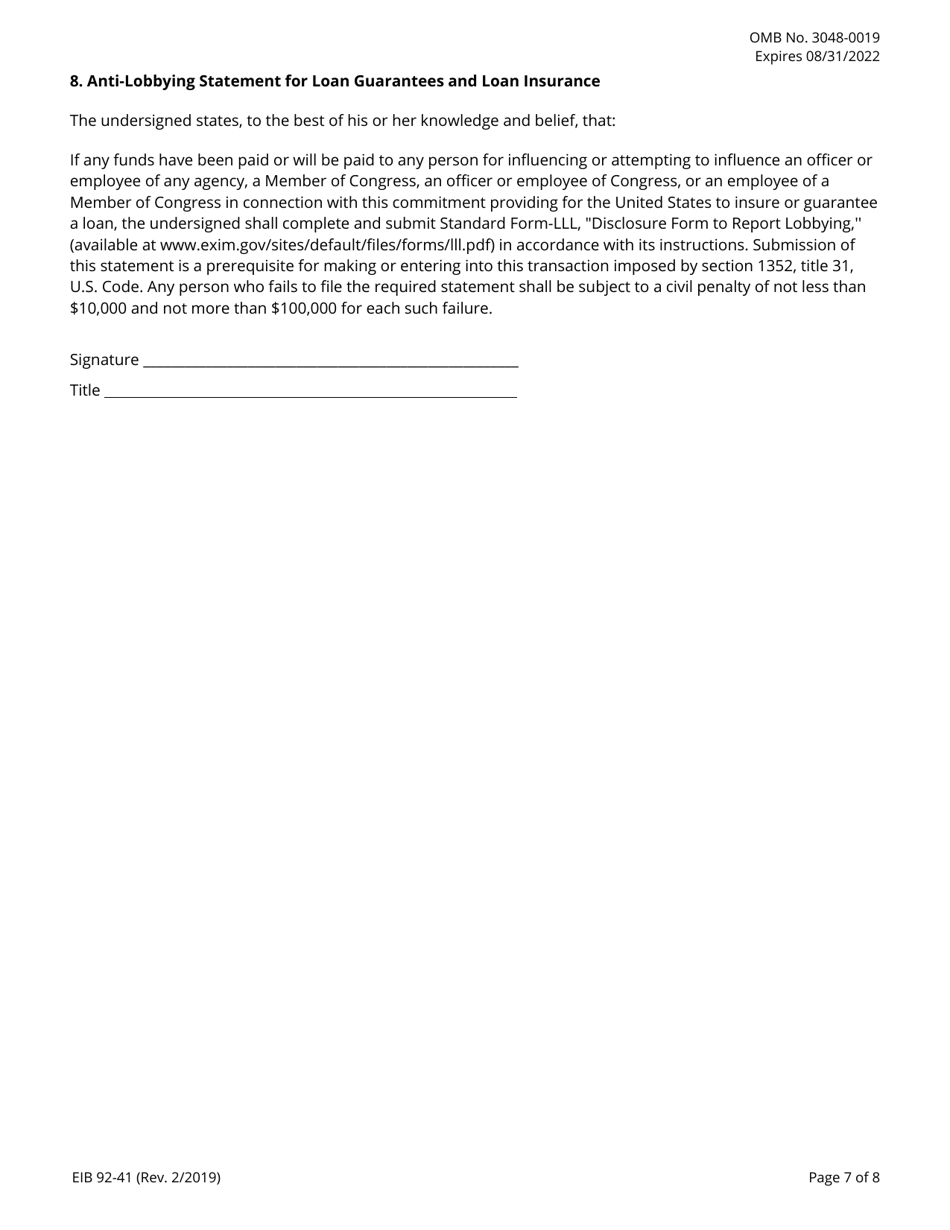 Form EIB92-41 Application for Financial Institution Short-Term, Single-Buyer Insurance, Page 7