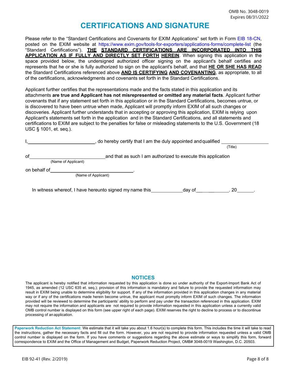 Form EIB92-41 Application for Financial Institution Short-Term, Single-Buyer Insurance, Page 8