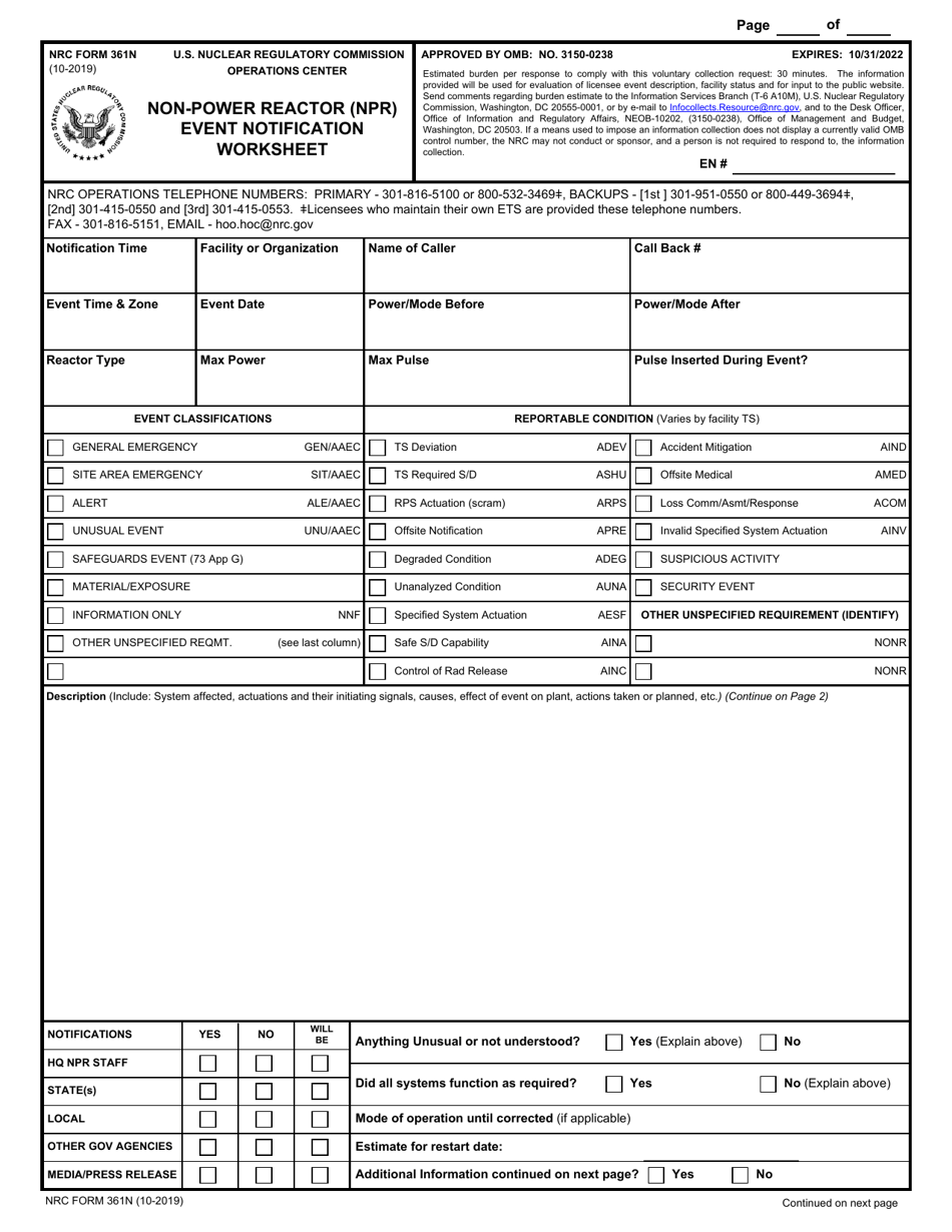 NRC Form 361N Non-power Reactor (Npr) Event Notification Worksheet, Page 1