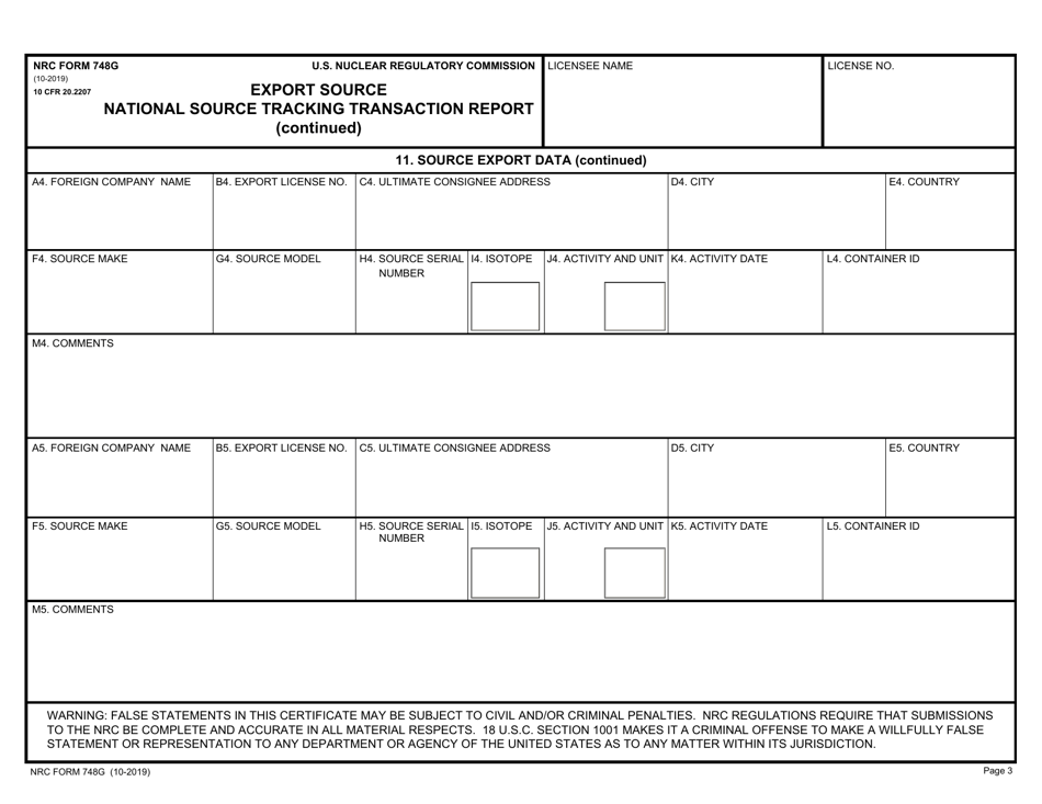 NRC Form 748G National Source Tracking Transaction Report - Export Source, Page 3