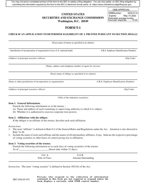 SEC Form 1836 (T-1)  Printable Pdf