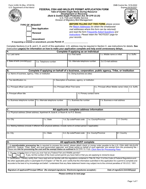 FWS Form 3-200-18 Federal Fish and Wildlife Permit Application Form - Take of Golden Eagle Nests During Resource Development or Recovery