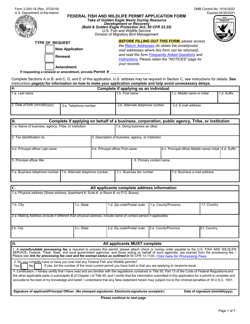 FWS Form 3-200-18 Federal Fish and Wildlife Permit Application Form - Take of Golden Eagle Nests During Resource Development or Recovery, Page 1