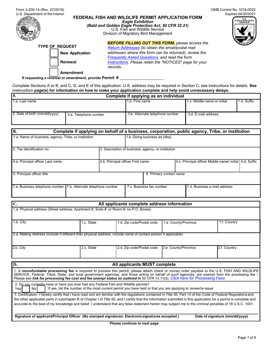 FWS Form 3-200-14 Federal Fish and Wildlife Permit Application Form - Eagle Exhibition, Page 1
