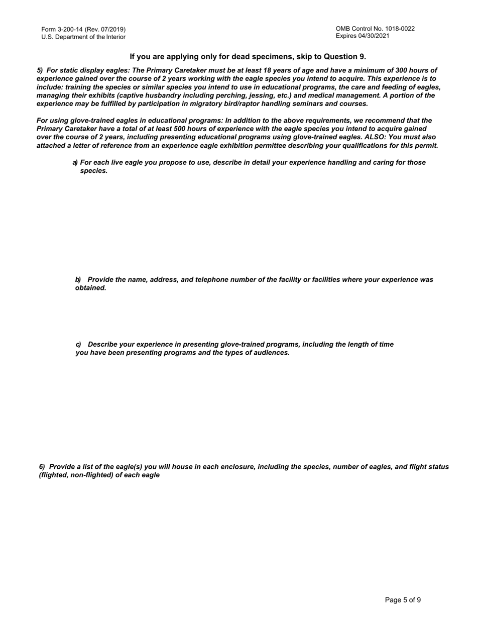 FWS Form 3-200-14 Federal Fish and Wildlife Permit Application Form - Eagle Exhibition, Page 5