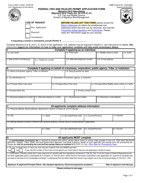FWS Form 3-200-13 Federal Fish and Wildlife Permit Application Form - Migratory Bird Depredation