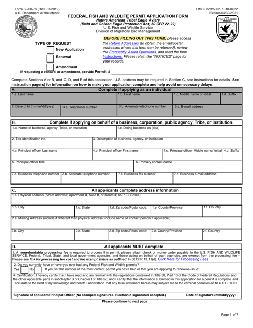 FWS Form 3-200-78 Federal Fish and Wildlife Permit Application Form - Native American Tribal Eagle Aviary