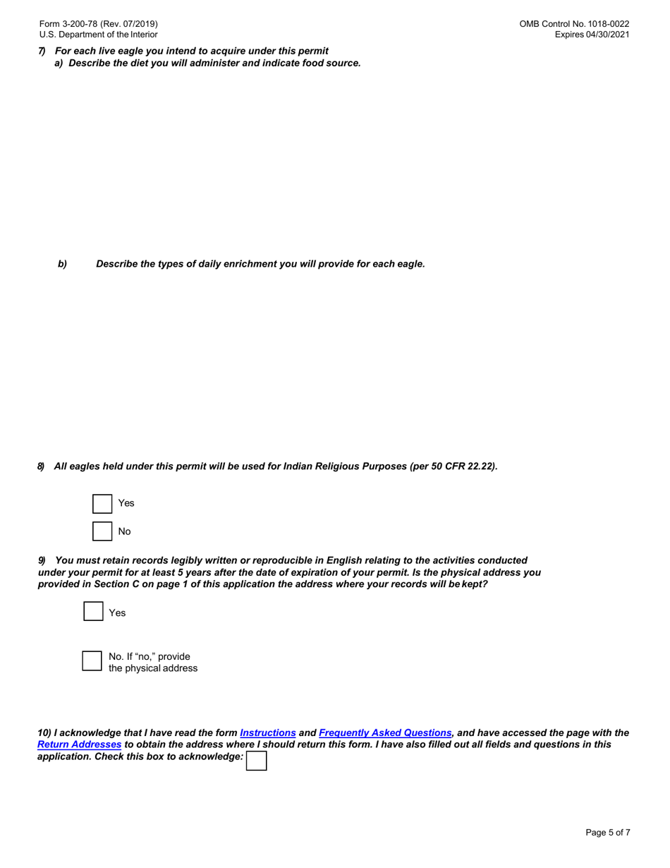 FWS Form 3-200-78 Federal Fish and Wildlife Permit Application Form - Native American Tribal Eagle Aviary, Page 5