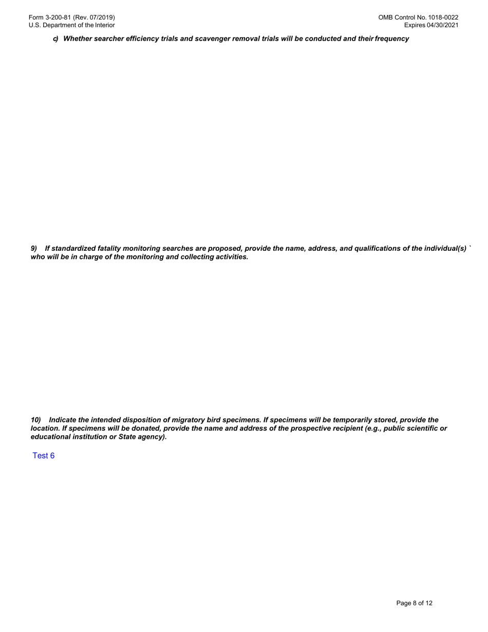 FWS Form 3-200-81 Federal Fish and Wildlife Permit Application Form - Migratory Bird Special Purpose - Utility, Page 8