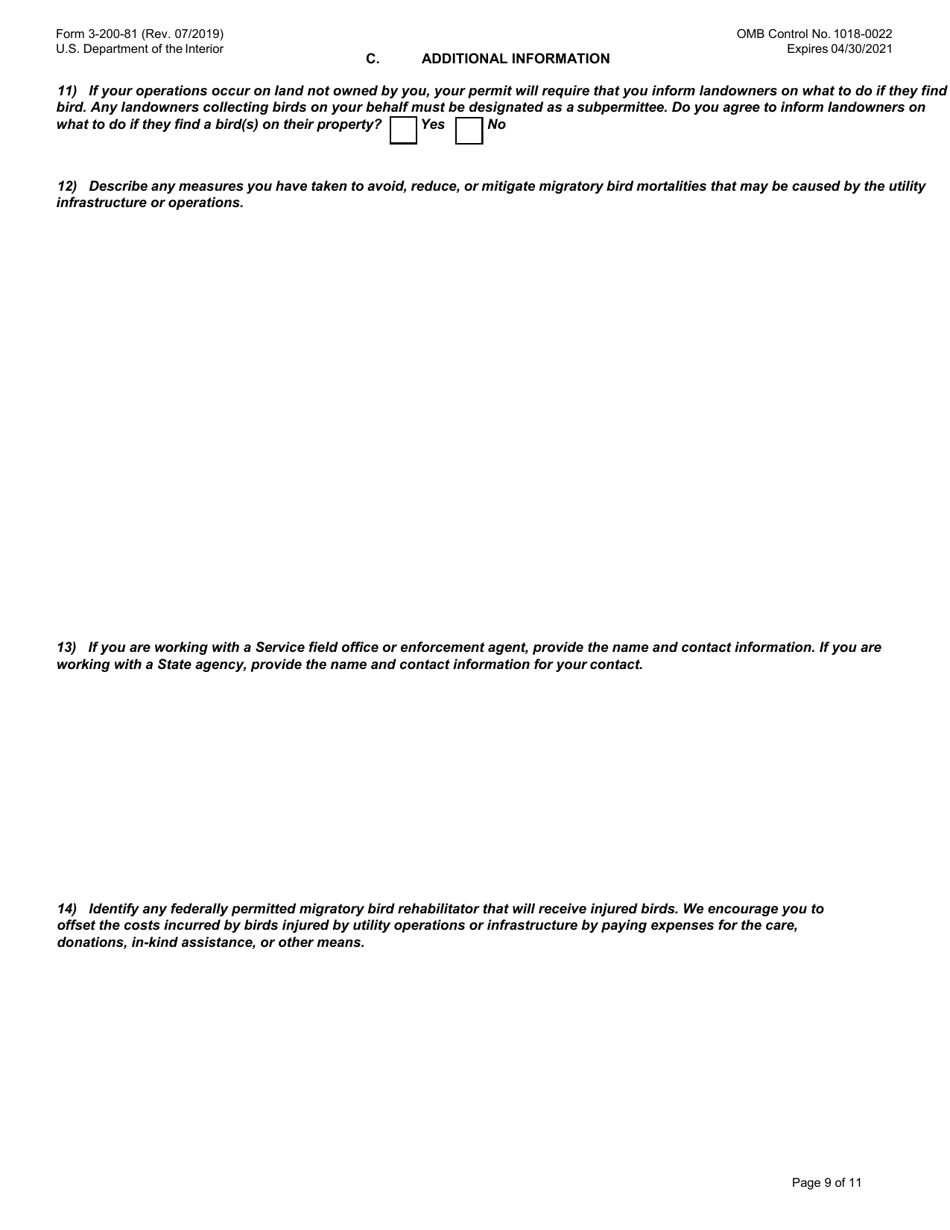 FWS Form 3-200-81 Federal Fish and Wildlife Permit Application Form - Migratory Bird Special Purpose - Utility, Page 9