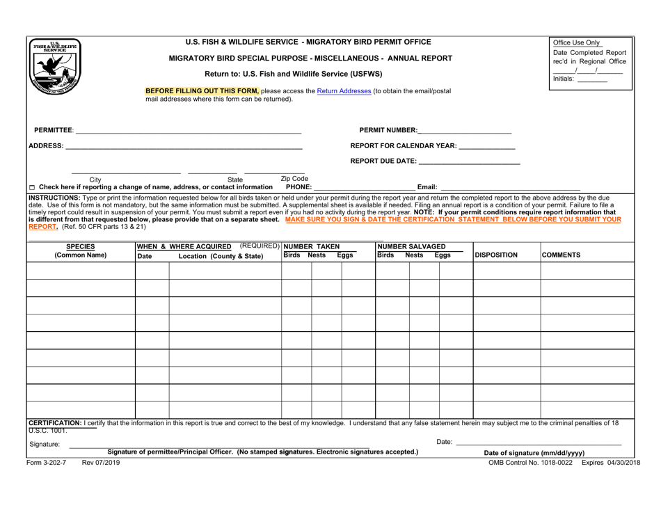 FWS Form 3-202-7 Migratory Bird Special Purpose - Miscellaneous - Annual Report, Page 1