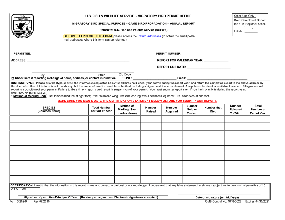 FWS Form 3-202-6 Migratory Bird Special Purpose - Game Bird Propagation - Annual Report, Page 1
