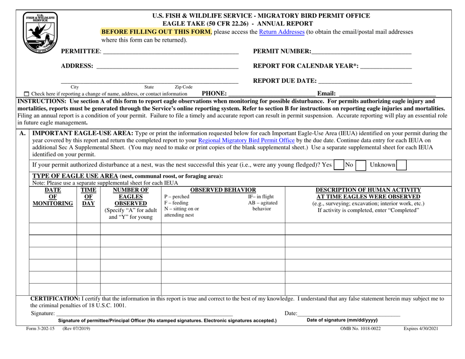 FWS Form 3-202-15 Eagle Take (50 Cfr 22.26) - Annual Report, Page 1