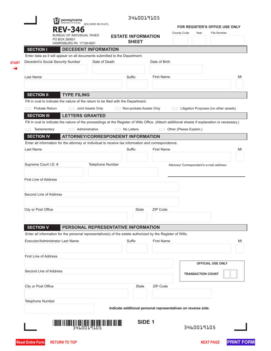 Form REV-346 Estate Information Sheet - Pennsylvania, Page 1