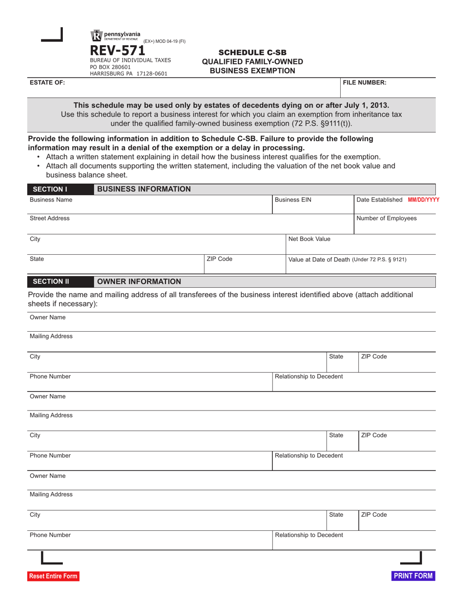 Form REV-571 Schedule C-SB Qualified Family-Owned Business Exemption - Pennsylvania, Page 1