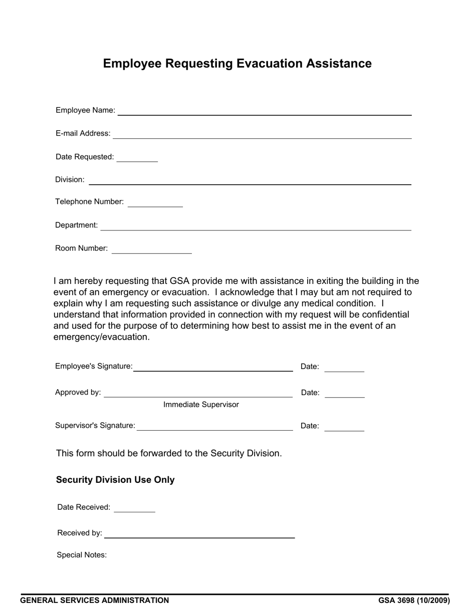 GSA Form 3698 Employee Requesting Evacuation Assistance, Page 1
