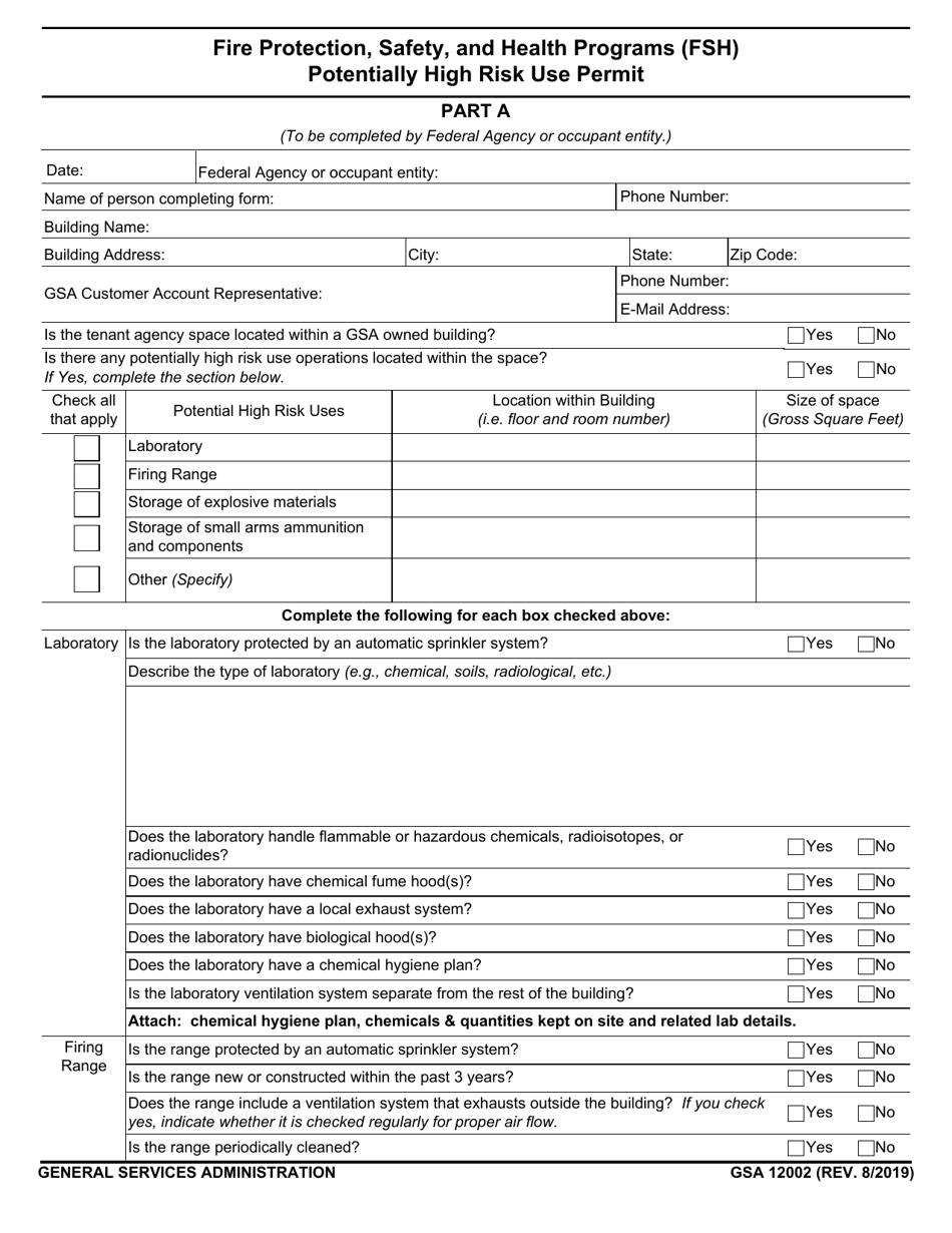 GSA Form 12002 Fire Protection, Safety, and Health Programs (Fsh) - Potentially High Risk Use Permit, Page 1