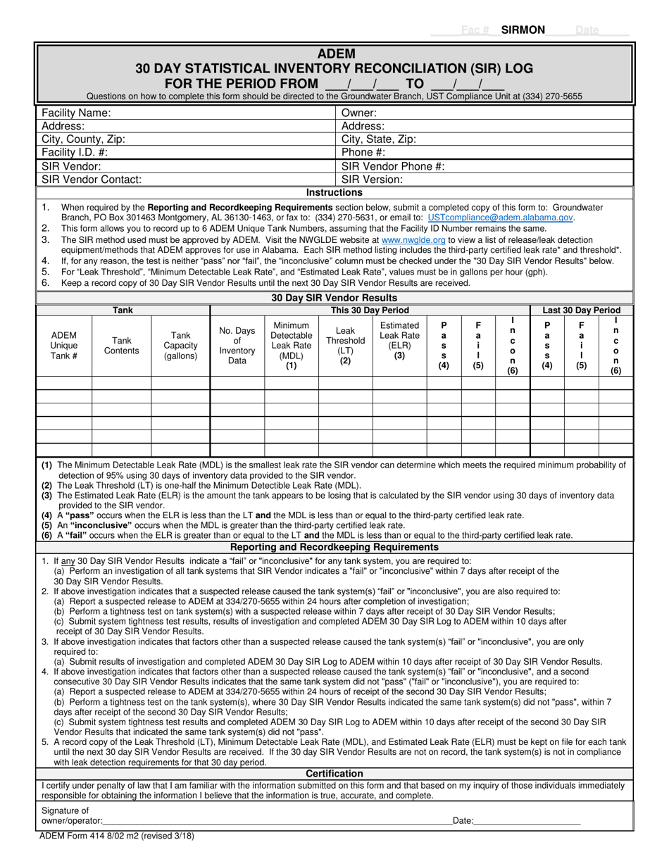 ADEM Form 414 Monthly Statistical Inventory Reconciliation (Sir) Report - Alabama, Page 1