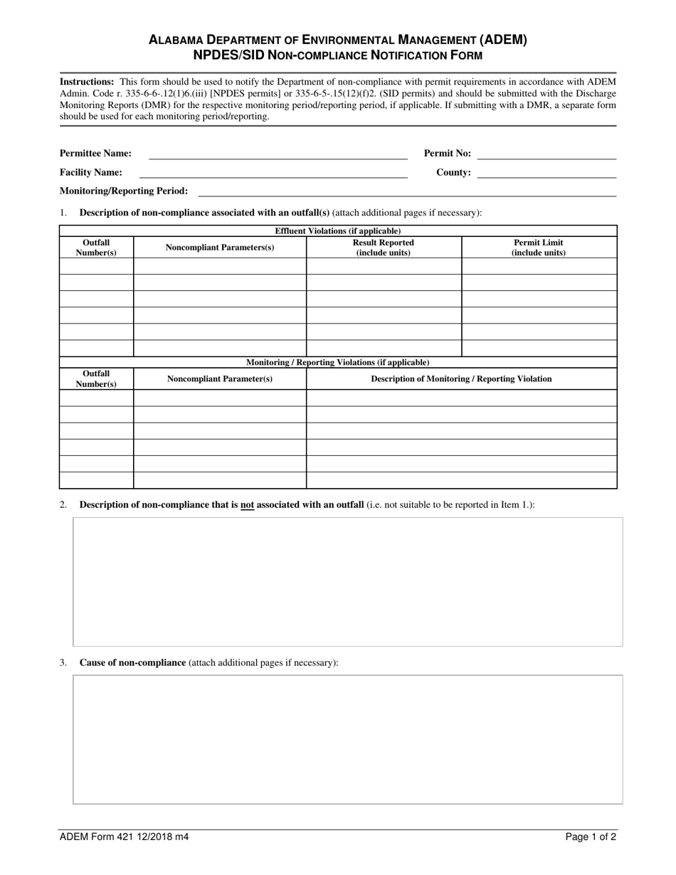 ADEM Form 421 Npdes / Sid Non-compliance Notification Form - Alabama, Page 1