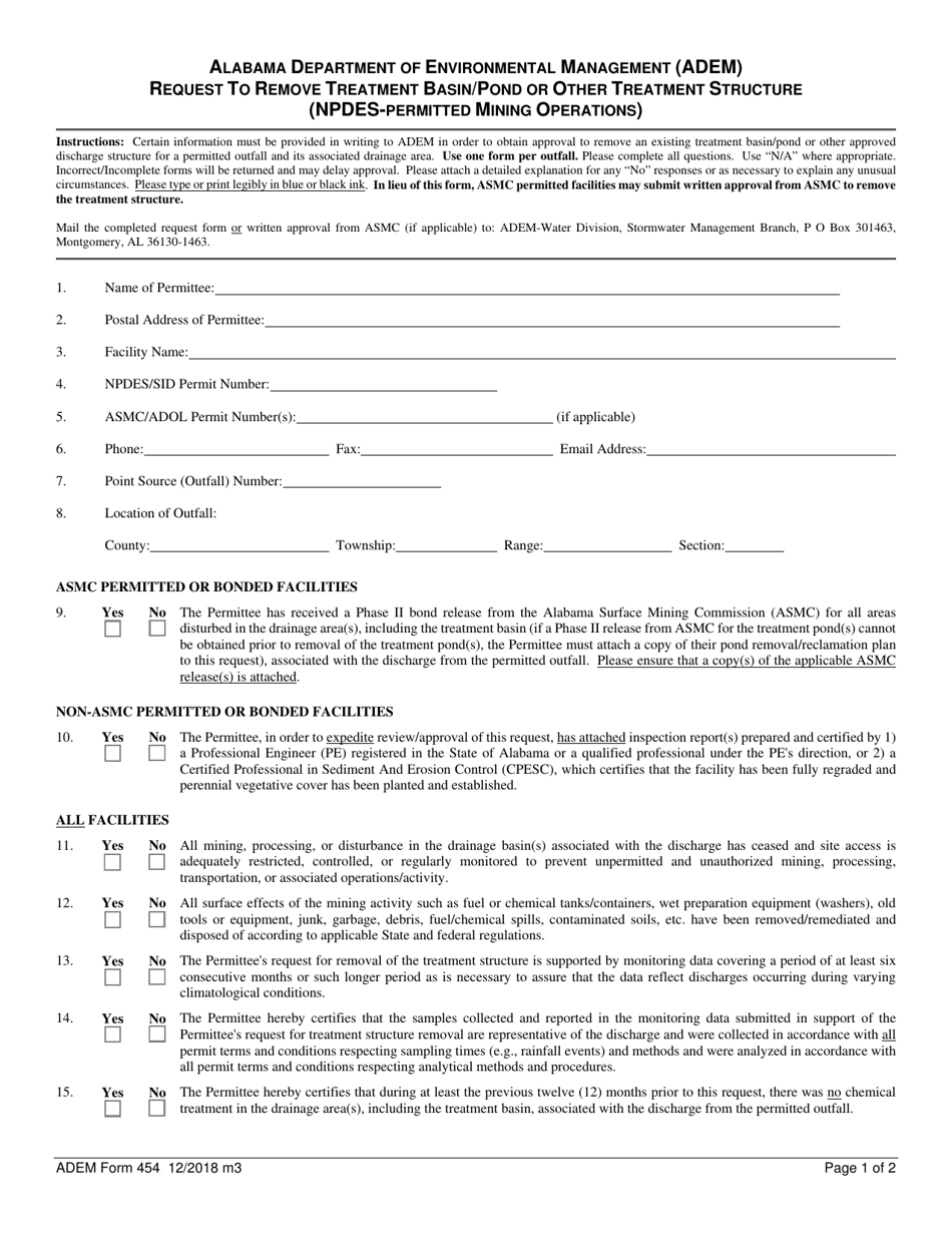 ADEM Form 454 Request to Remove Treatment Basin / Pond or Other Treatment Structure (Npdes-Permitted Mining Operations) - Alabama, Page 1