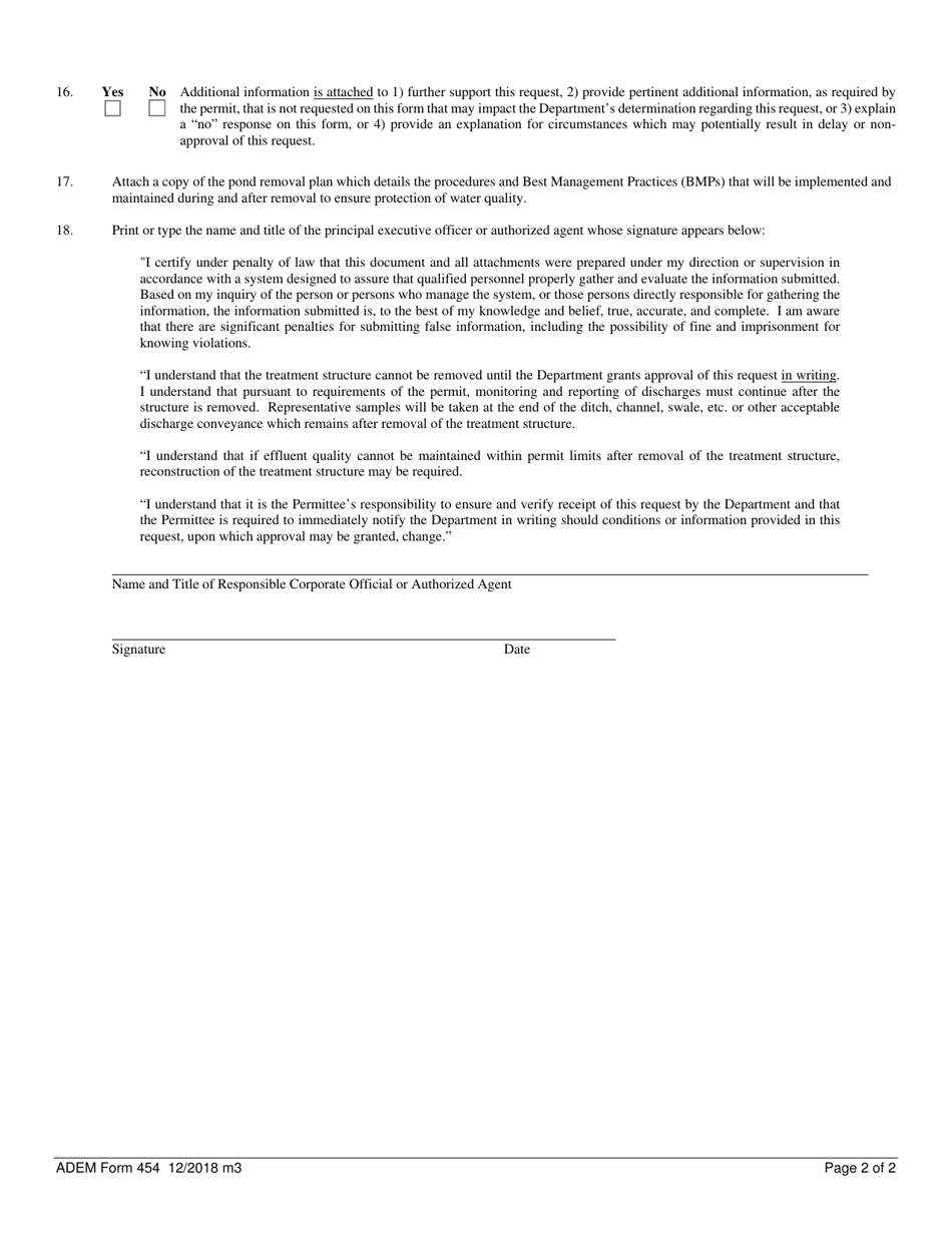 ADEM Form 454 Request to Remove Treatment Basin / Pond or Other Treatment Structure (Npdes-Permitted Mining Operations) - Alabama, Page 2