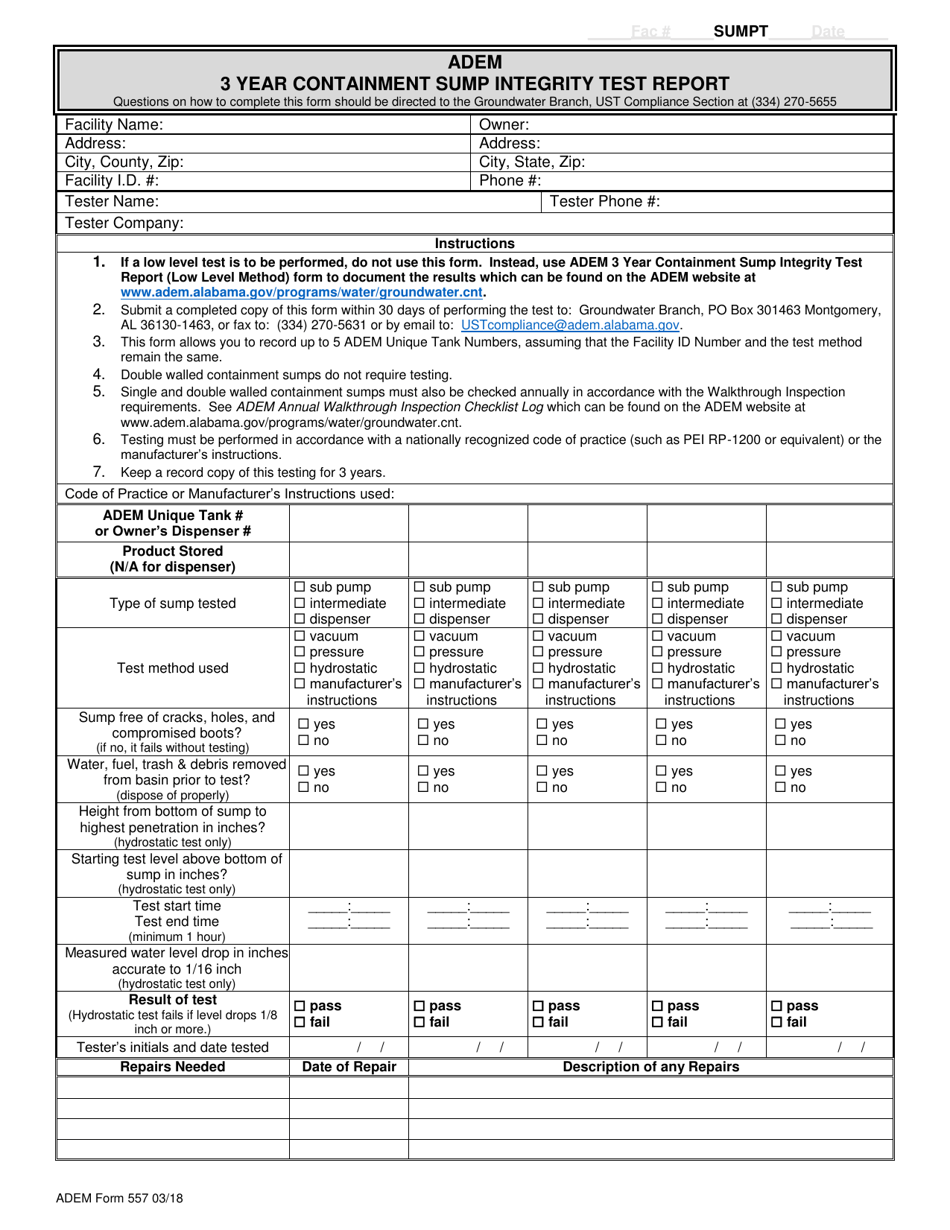 ADEM Form 557 3 Year Containment Sump Integrity Test Report - Alabama, Page 1