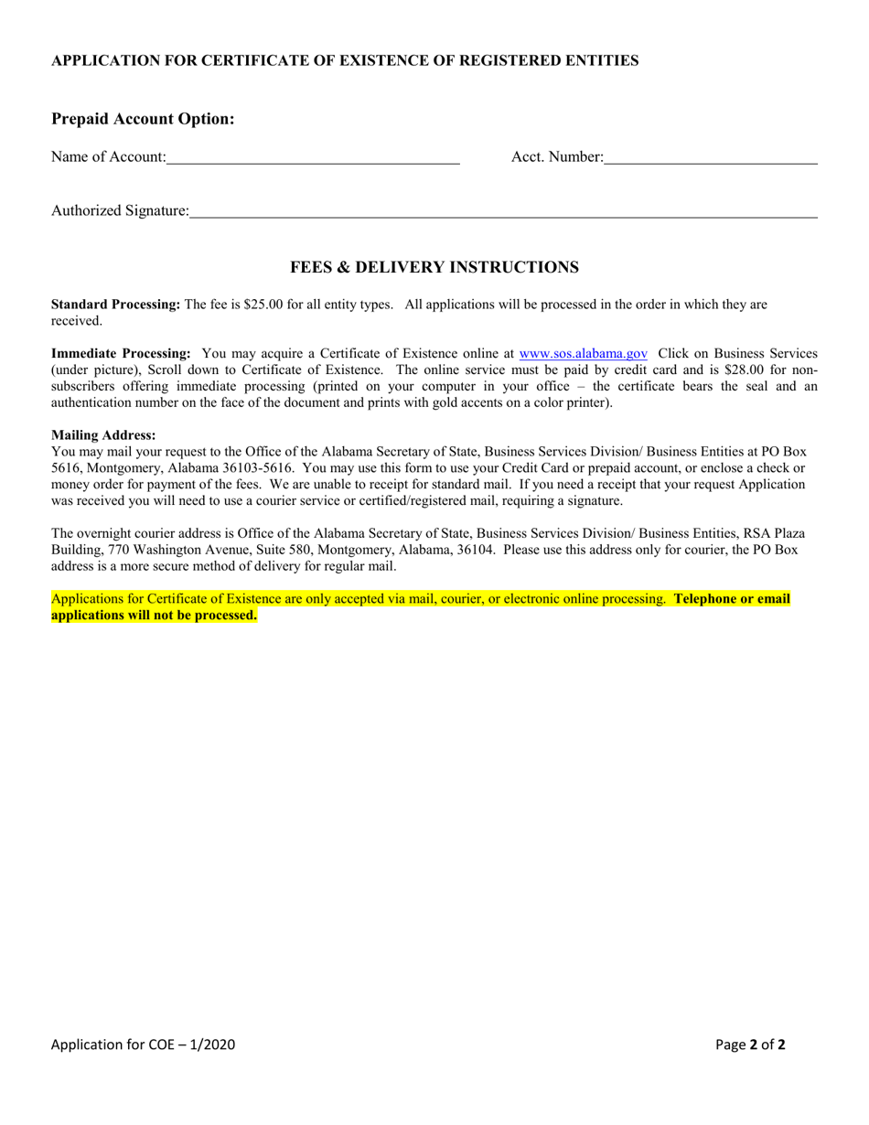 Application for Certificate of Existence of Registered Entities - Alabama, Page 2