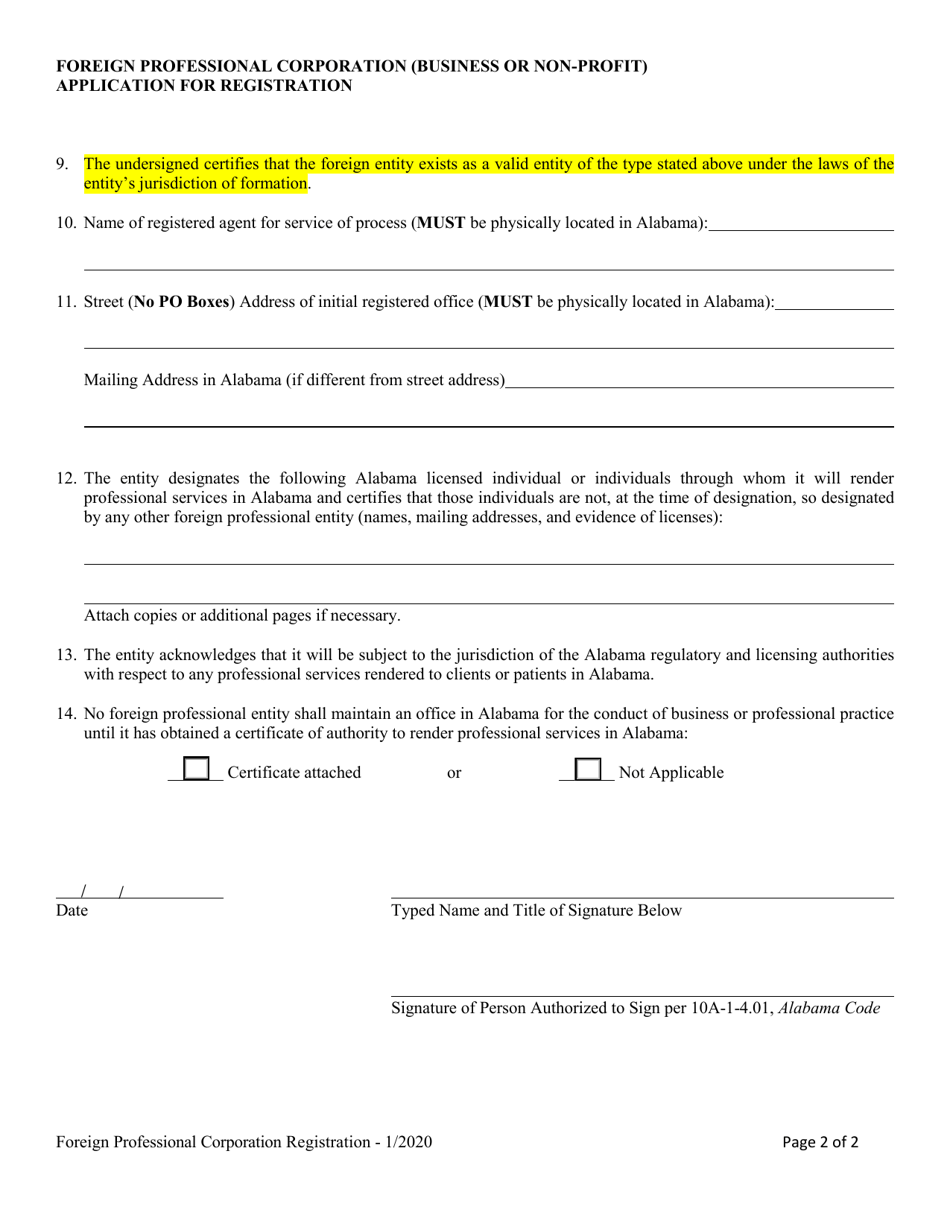 Foreign Professional Corporation (Business or Non-profit) Application for Registration - Alabama, Page 2