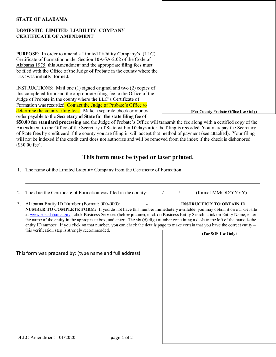 Domestic Limited Liability Company Certificate of Amendment - Alabama, Page 1