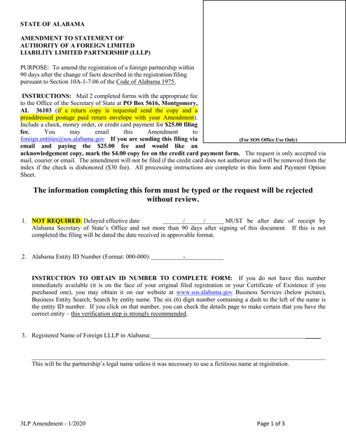 Amendment to Statement of Authority of a Foreign Limited Liability Limited Partnership (Lllp) - Alabama Download Pdf