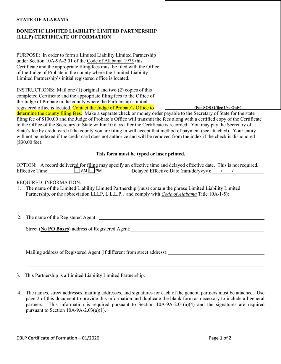 Form D3LP Domestic Limited Liability Limited Partnership (Lllp) Certificate of Formation - Alabama, Page 1