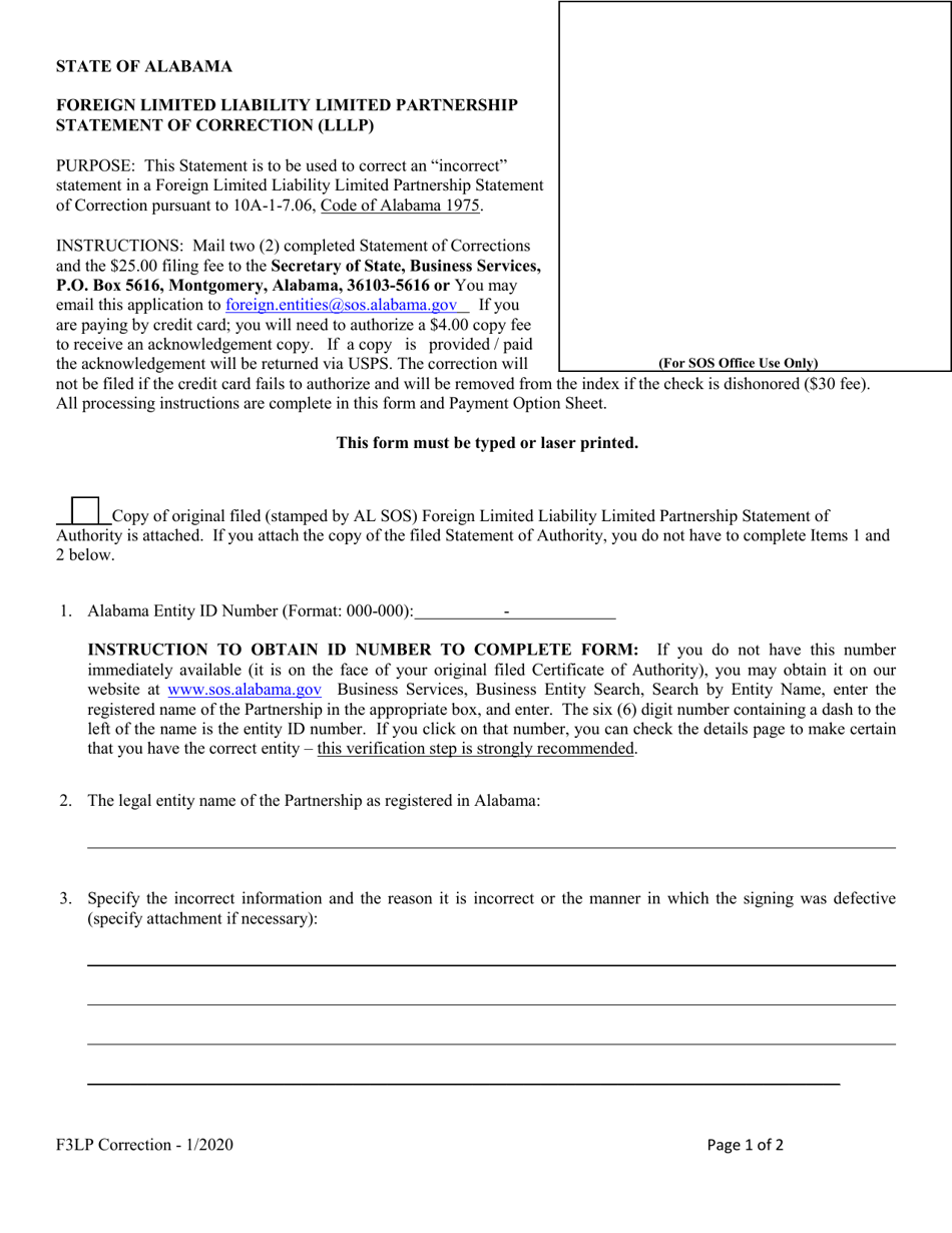 Form F3LP Foreign Limited Liability Limited Partnership Statement of Correction (Lllp) - Alabama, Page 1