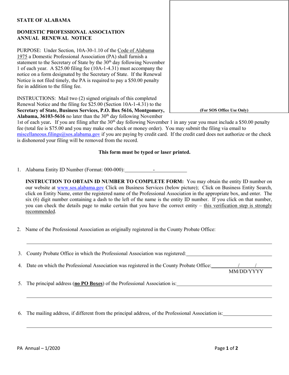 Domestic Professional Association Annual Renewal Notice - Alabama, Page 1