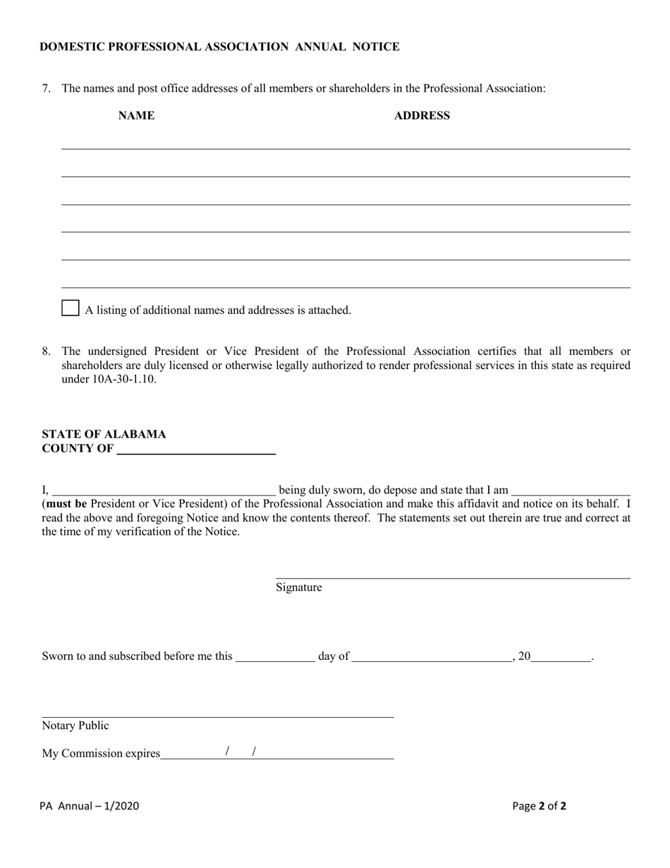Domestic Professional Association Annual Renewal Notice - Alabama, Page 2