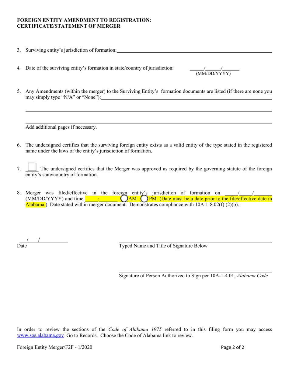 Foreign Entity Amendment to Registration: Certificate / Statement of Merger - Alabama, Page 2