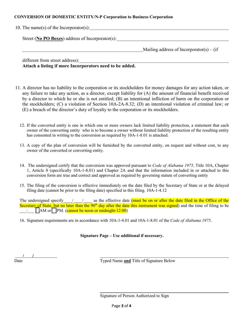 Conversion of a Domestic Entity - Non Profit Corporation to Business Corporation - Alabama, Page 3