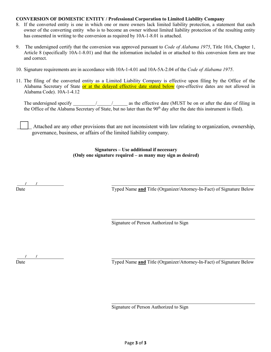 Conversion of a Domestic Entity - Professional Corporation to Limited Liability Company - Alabama, Page 3